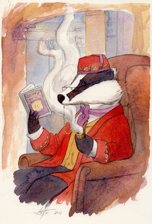 Stately Mr. Badger reading Steam in the Willows, just to make things nice and meta.