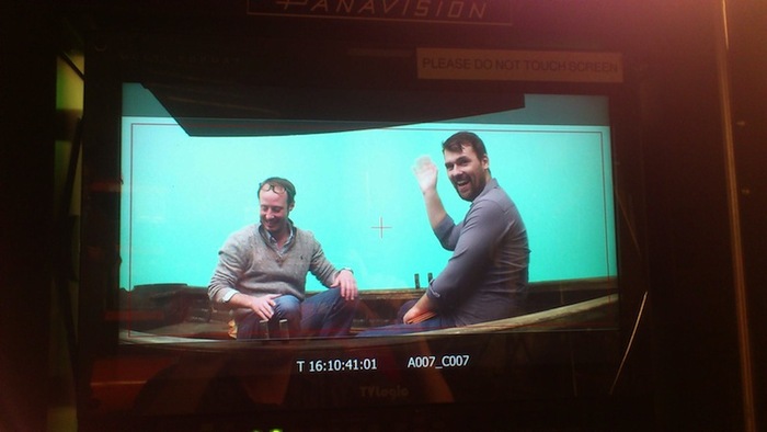 Producers Liam Garvo and James Heath 'test' the boat for safety.