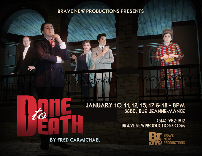 The Cast of "Done to Death" (left to right): Bryan Librero (as Rodney Duckton), Zachary Brown (as Brad Benedict), Stephanie McKenna (as Jessica Olive), Sean Curley (as Whitney Olive), and Emma McQueen (as Mildred Z Maxwell)