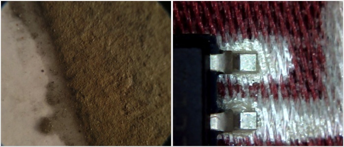 Microscope images of a silver trace on paper (left) and fabric (right)