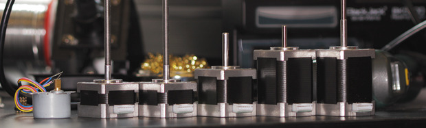 High specification motors from left to right - Nozzle, Z1, Z2, Extruder, X, Y. All have custom output shafts specifically designed for Robox. Z1 and Z2 have metric fine thread (M5x0.5mm) for unprecedented Z resolution.