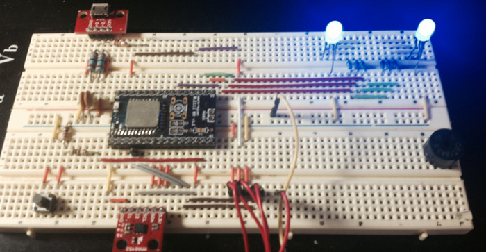 Our breadboarded circuit. It sounds more delicious than it looks, but it's still pretty neat.
