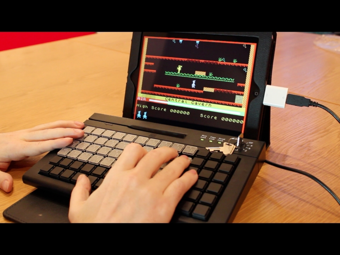 The Bluetooth ZX Spectrum app Manic Miner being played using the functional prototype Bluetooth ZX Spectrum.