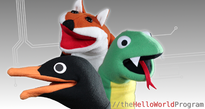 The Puppet Kit: Adelie the penguin, Daisy the fox, and Guido the python