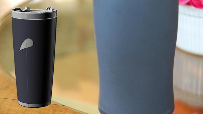 photo showing the Titania finish on a prototype mug, with the inset showing a computer-generated rendering of the finished mug