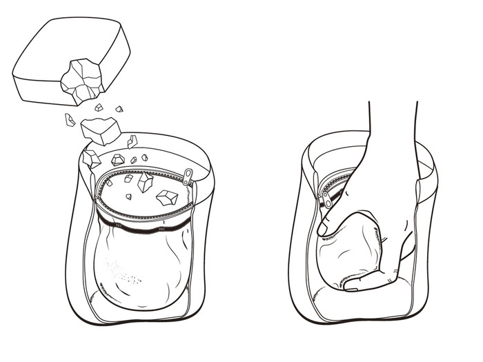 Step1. Add chalk. Step2. Zip close the pouch. Step3. Squeeze to prime the pouch.