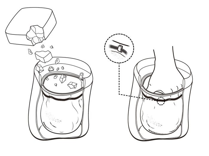 Step1. Add chalk. Step2. Hook the pouch to the opposite side of the chalk bag. Step3. direct access to loose chalk.