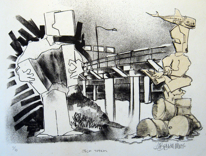 ORCA TOTEM, edition of 10, 18x 15 inches, chine cole lithograph. Raffle prize for backers at $20 and up.