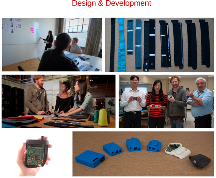 Discussing Key Features (top left), Attachment Strip Prototypes (top right), Soft Prototyping Attachment Methods (middle left), At PCB Assembler (middle right), DrumPants PCB (bottom left), Evolution of Case Prototypes (bottom right).