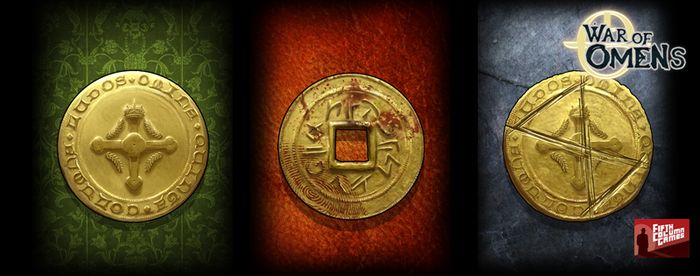 A trio of faction coins from War of Omens.