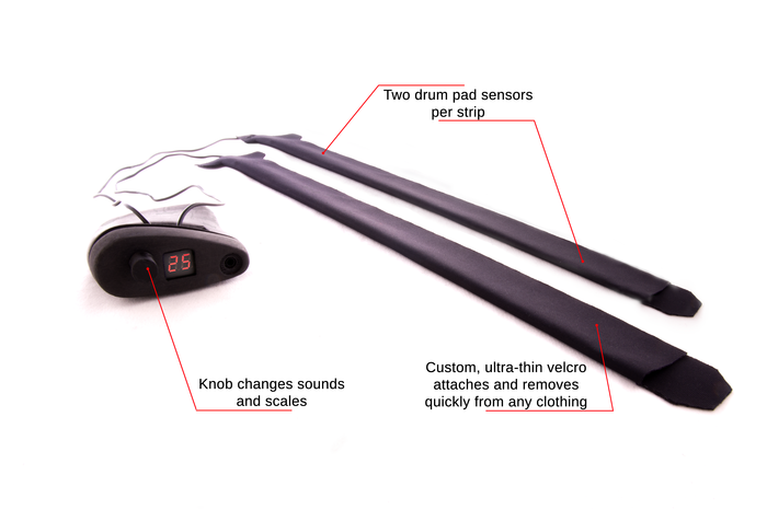Our innovative attachment method uses custom ultra-thin velcro stickies to allow you to secure the drum pads wherever you like both under and over your clothing.