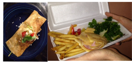Mediterranean Crepe and Ham 'n Cheese Crepe with fries and Pear Kale Salad
