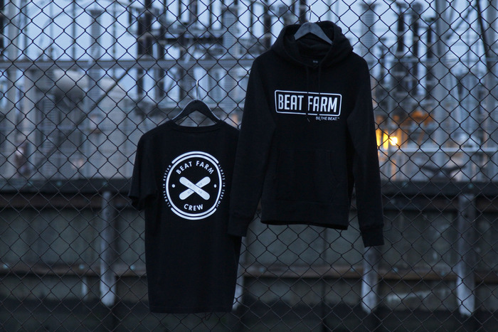 Front and back graphic on the Beat Farm Crew Tee and Hoodie.