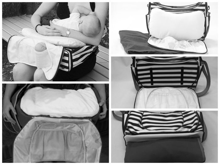 The pillow attaches via Velcro & is easily removed, while the play mat is stored in a convenient base compartment of the bag.