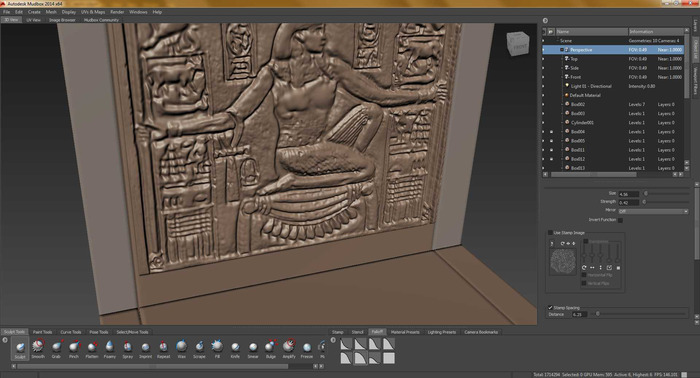 Egyptian chair being modeled with hieroglyphics.