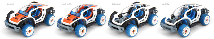 Here are the 4 different cars that can be made with one car. Every different state of assembley has a unique and cool look.