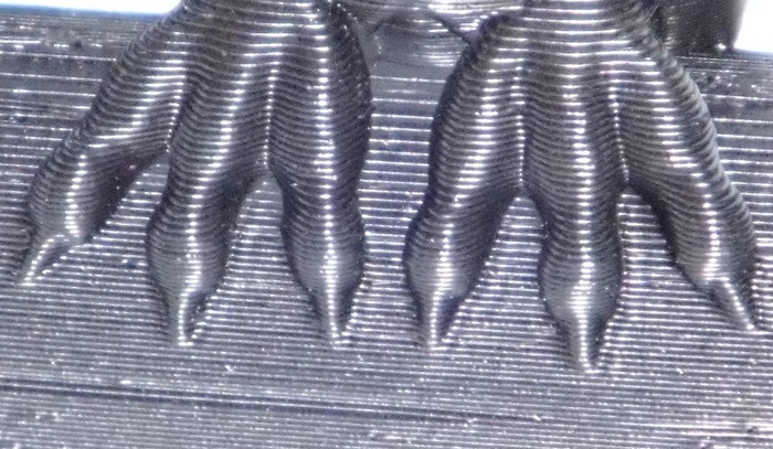 Zooming in on the feet of Cushwa's owl in black ABS, printed at 400 micron layer thickness and using a 0.5mm nozzle. Perfect registration is a testimony to the precision of our machine.