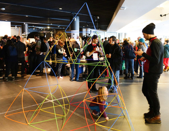Built by a nine-year-old at Oslo maker fair. Note the visible stress in the lower pyramids!