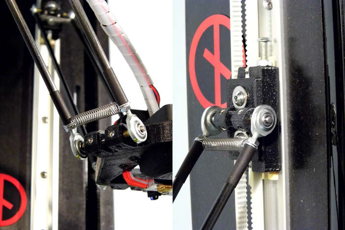 We improved our rod assemblies. Carbon fiber rods, all-metal rod end bearings, and springs to provide pre-tension. Since the early days, deltabots have used springs or other means for providing pre-tension. Not having them on a delta is a big no-no!