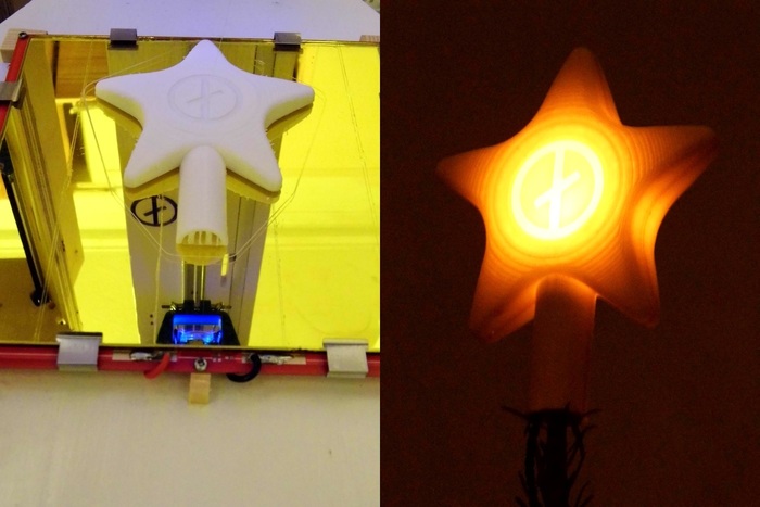 The Xmas tree needs a tree topper! After creating a 3D model in CAD, the DeltaTrix prototype quickly builds up a topper half in 0.25mm thick layers. Two halves glued together, a light put inside, and we have a topper with our own logo. Ho, ho, ho!!!