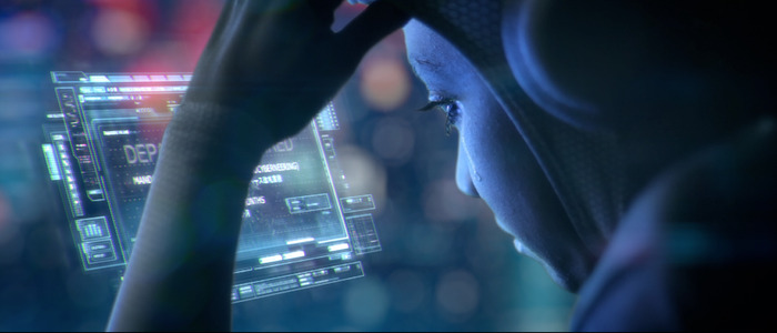Occupant suiting up in front of alarm hologram