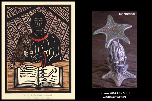 "Sign!" is a limited edition hand-colored woodcut by Liv Rainey-Smith featuring Nyarlathotep and Brown Jenkin, and hand-painted Elder Thing "Balustrade" figurine by Ann S. Koi.