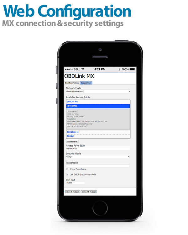 OBDLink MX WiFi has a built-in web interface for editing connection settings from your phone, tablet, or PC.