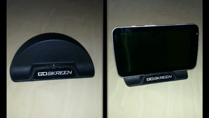GoSkreen Stand: Place your CarSkreen or another tablet in this stand, on your desk. The stand directs audio from the back of the device to the front.