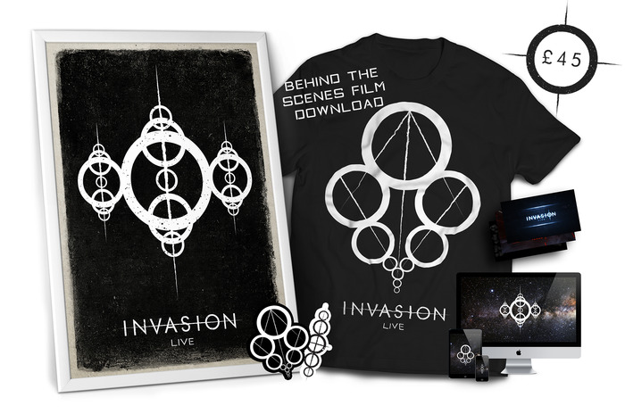 £45 - EXCLUSIVE ART PACKAGE - You will receive an exclusive art package which contains the Invasion:Live t-shirt, behind the scenes production postcards, stickers, physical poster and concept artwork from the live performance. All previous perks included.