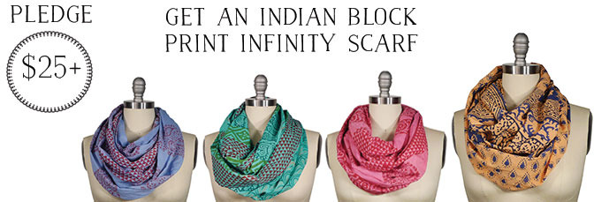 Scarves made from 100% Cotton, block printed by hand in India, over-dyed in small batches and sewn in the USA. A $32 retail value.