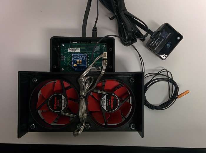 This is our hardware module combining the control PCB, the communication Xbee, temperature sensors, and fans.