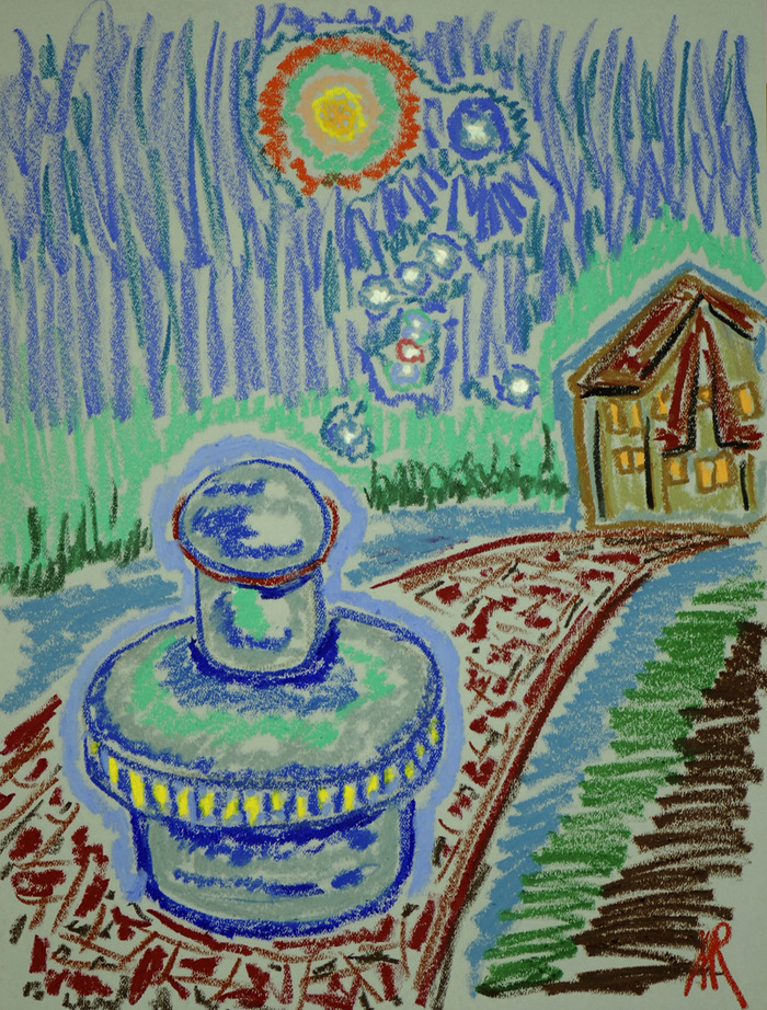 Concept Drawing of FEG Fuelles Electric Generator by Andrei Ralko. Oil Pastel 18" x 24"
