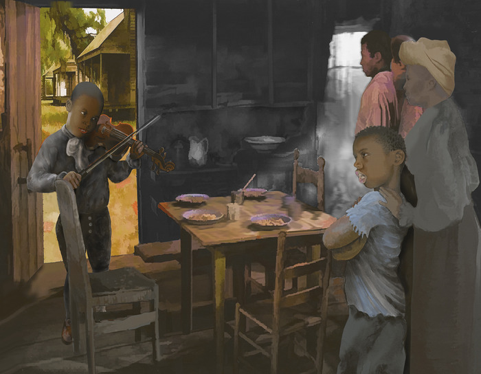 The book is about the house and field twin slave boys, Artwork from the book