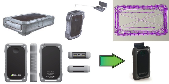 Prototype design sketches, wireframe models, 3D prototype rendering and final production product. Shipped final product will be black and dark grey.