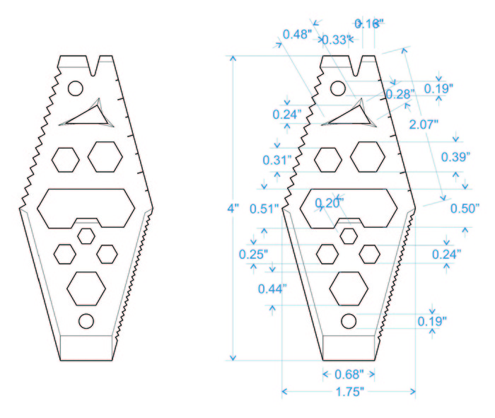 Design with dimensions prior to laser engraved mockups for our Mantis tool!