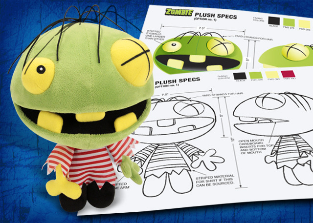 Eight Little Zombies Plush! Stands about 12" high and almost as wide across with his undead head! He lost an arm and an eye but he's just as irresistible as any zombie toy we've ever seen! Designed by Dave Metzger.