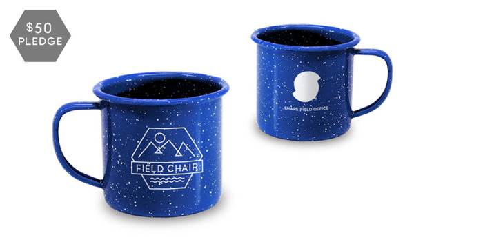 A pair of enamel camp mugs with the Field Chair emblem and Shape Field Office logo on each.