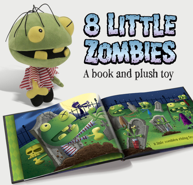 The book and Zombie plush combo! "Eight Little Zombies, rising from the dead. One got shot and lost his head..." We're printing our hardcover title in the USA on super high quality art paper! Includes the 8LZ limited edition signed print!