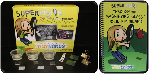 This SuperVision Inventor Kit includes: Small, medium, and large lens molds, Lens quality plastic, Make-it-yourself tools, One pre-made lens, Storybook