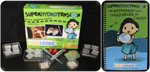 This SuperHydroTension Inventor Kit includes: Superhydrophobic, plastic, and glass tiles, Superhydrophobic mazes, Water dispenser, Superhydrophobic mold, Make-it-yourself tools, and Storybook
