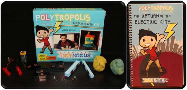 This Polytropolis Inventor Kit includes: Conductive dough, Insulating dough, Connecting platform pieces, Conductive tape, Magnetic tape LEDs, Buzzers, 9 volt battery and Storybook