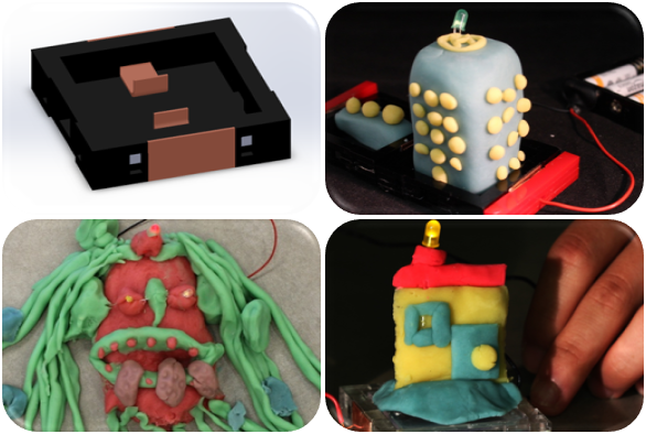 Connecting a battery to the building block shown above will power the conductive dough. Check out some of the conductive dough creations that are lit up with LED lights!