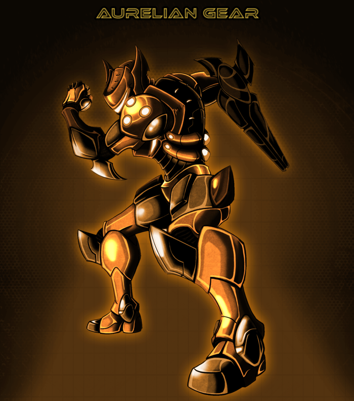Aurelian Gear (aka the Gold Gear) can be used instead of SyRek's default skin in singleplayer and multiplayer! Now available for the $70 and up tiers! (Kickstarter Exclusive Content)