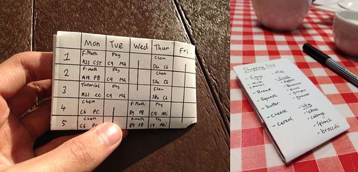 My own timetable and shopping list