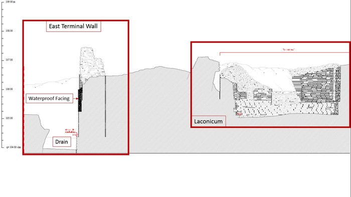 Architectural section drawing done by the architectural firm in 2013 showing the relationship between East Terminal Wall and the Laconicum (circular steam room).