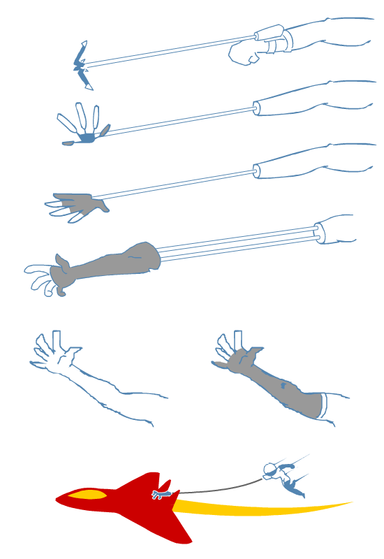 Grappling hook concepts. Detaching the full arm was the craziest idea, so that's in.