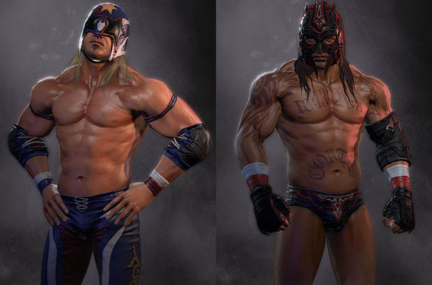 Brand-new character art and models have already been created for Pro Wrestling X. American Grasshopper (left) and the redesigned Tirador.
