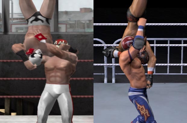 A before-and-after look at the improvements between our first release, Uprising (left) and the alpha of Pro Wrestling X. Animations are more accurate, and the graphics have much more detail.