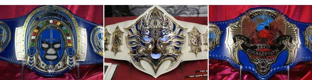Example belts designed by Jesse Justice and produced by Top Rop Belts. (We probably ought to be clear, you can't have one of these belts...)