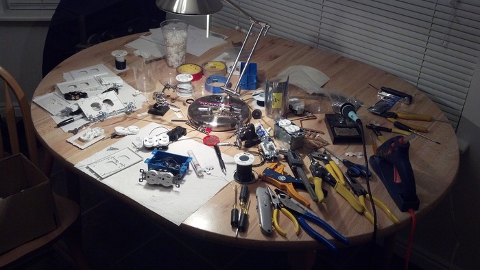 Prototyping the first SnapRays Guidelights on Jeremy's kitchen table